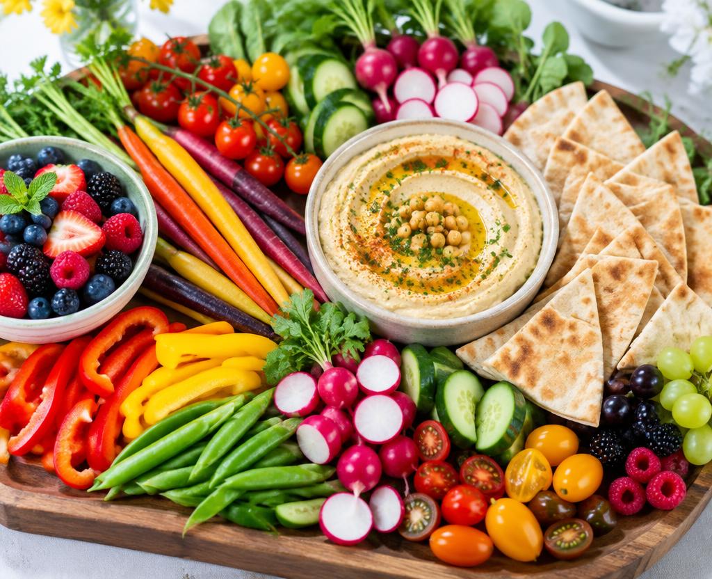 Colorful garden grazing board with hummus, pita and fresh vegetables
