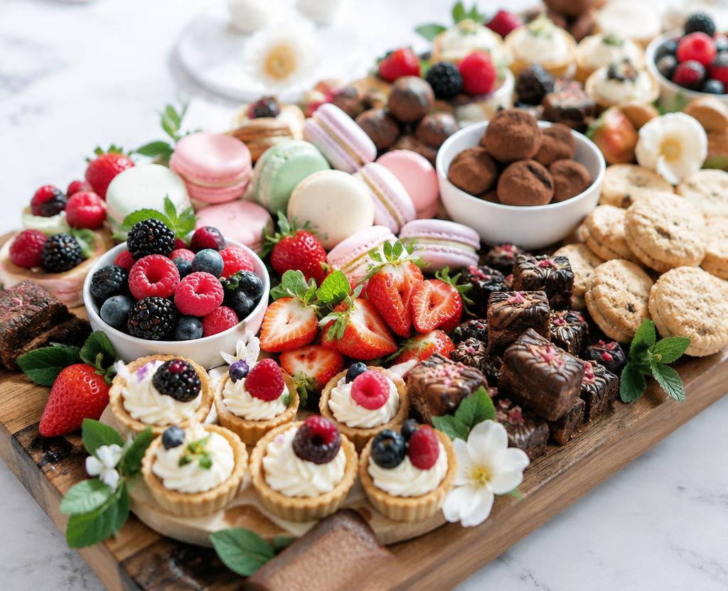 Sweet dessert board with macarons, berries, chocolate and mini pastries