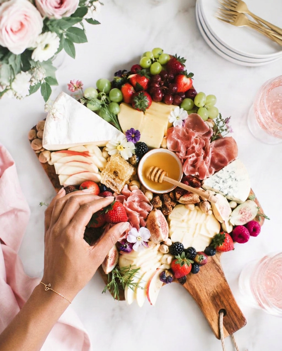 Bright charcuterie board with fresh fruit, prosciutto, cheeses, honeycomb and edible flowers on marble