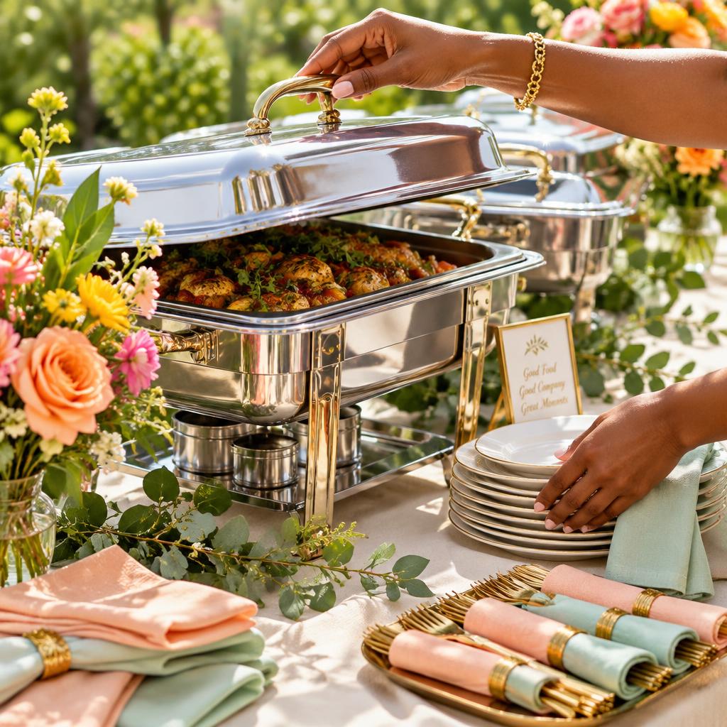 Caterer arranging a bright catering table in a sunny garden with fresh flowers